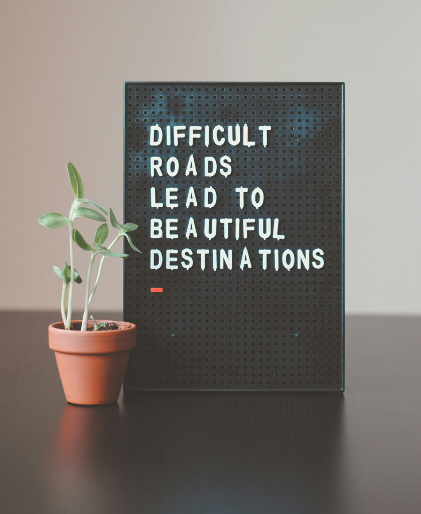 a potted plant sitting next to a sign that says difficult roads lead to beautiful